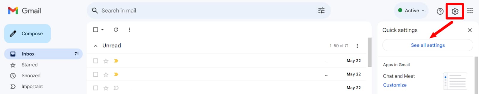 Gmail settings gear and See all settings button highlighted.