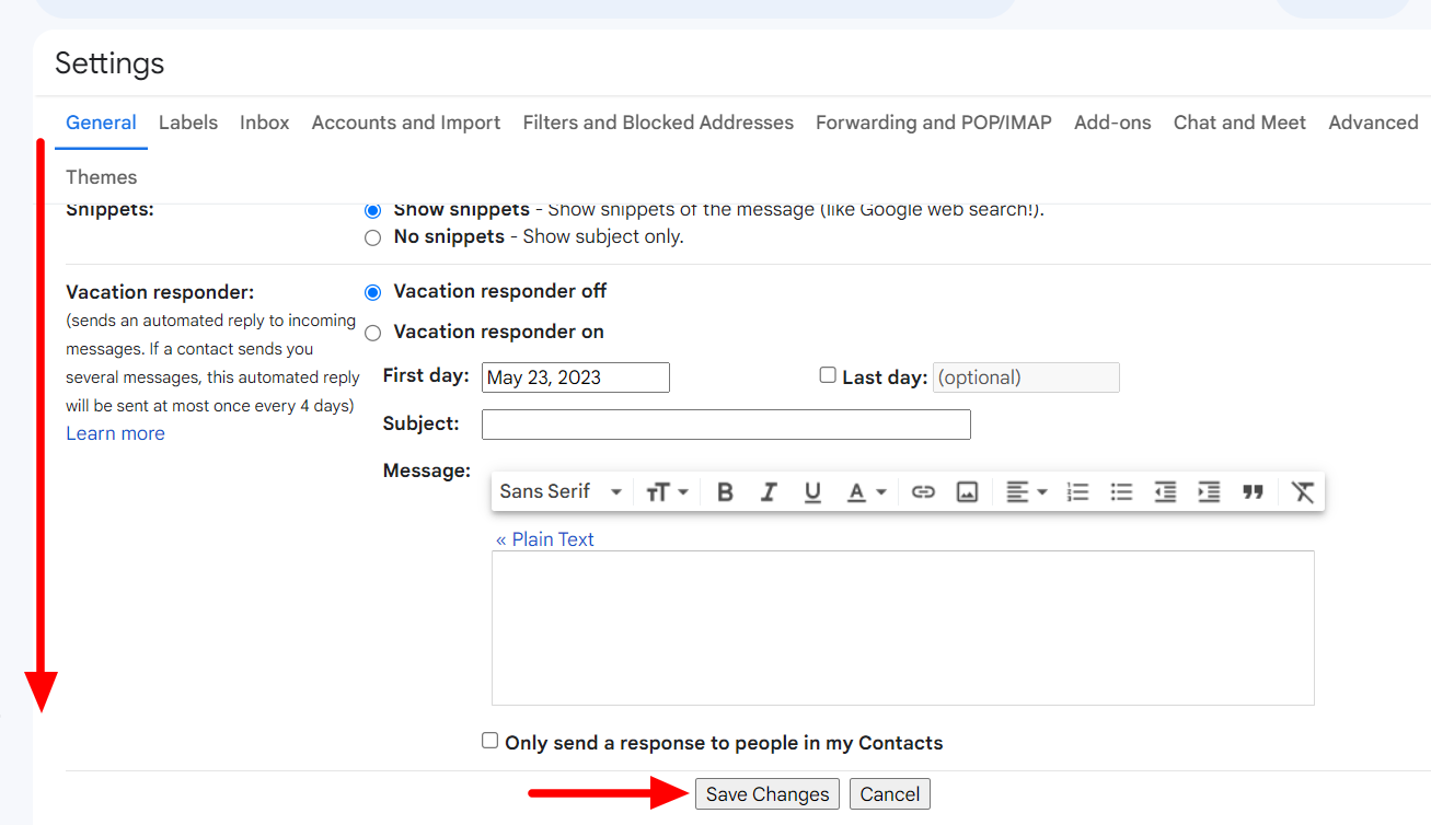 Gmail settings with Save Changes highlighted at the bottom.