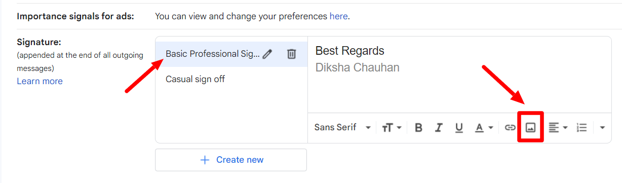 Signature editor with the Insert image button highlighted.