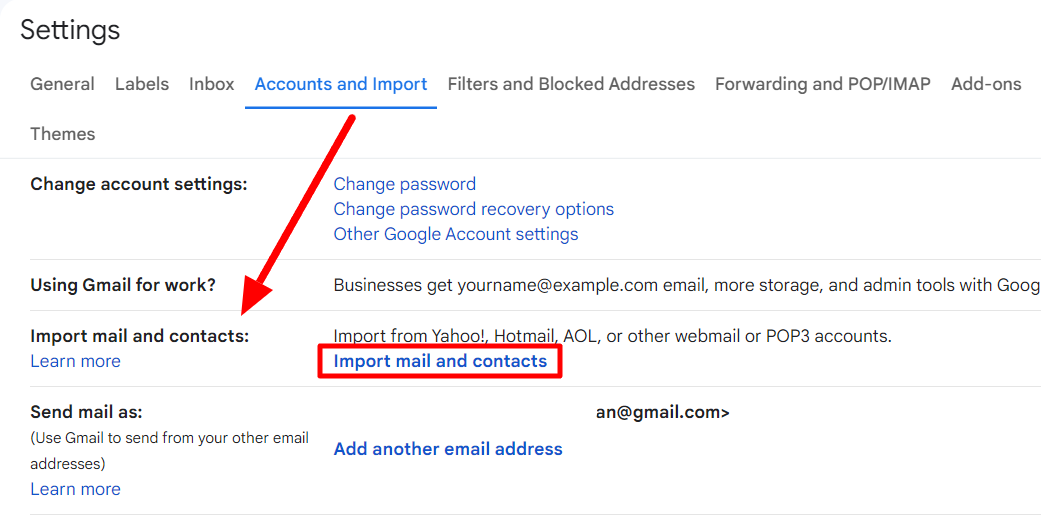 Gmail Accounts and Import settings with Import mail and contacts highlighted.