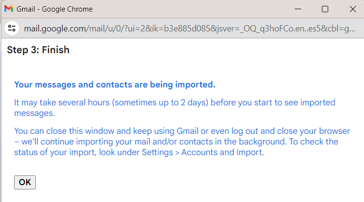 Gmail confirms Yahoo messages and contacts are being imported.