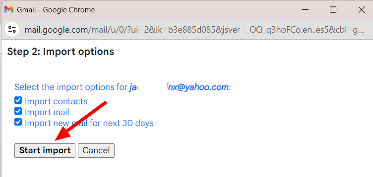 Gmail import options with contacts, mail and future mail selected.