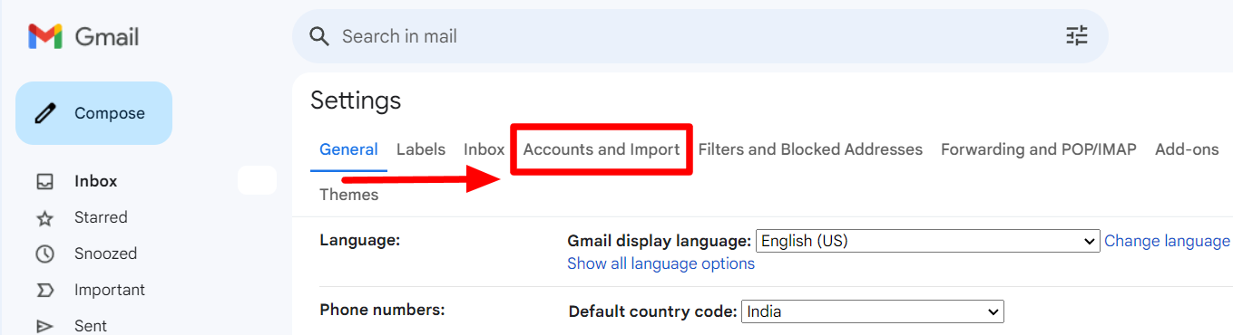 Gmail Settings with Accounts and Import highlighted.