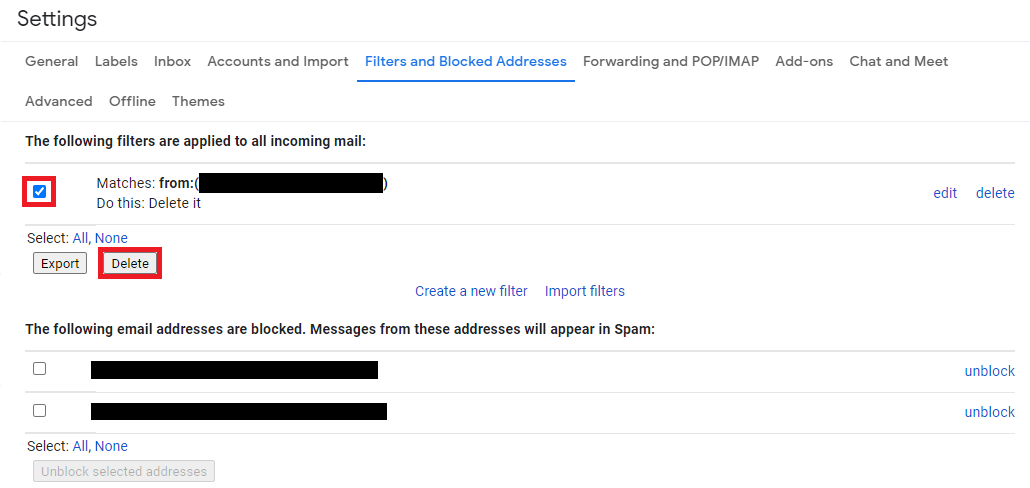 Gmail filter selected for removal with the Delete button highlighted.