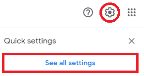 Gmail settings gear and See all settings highlighted.