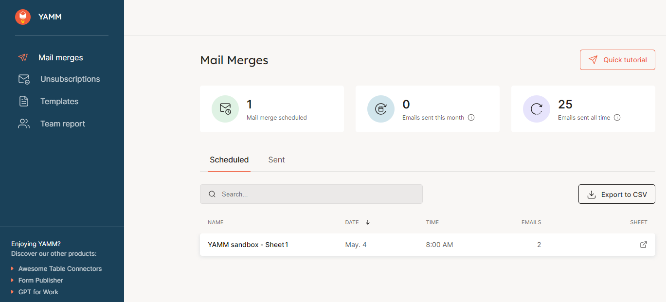 YAMM dashboard listing a scheduled mail merge for two emails.