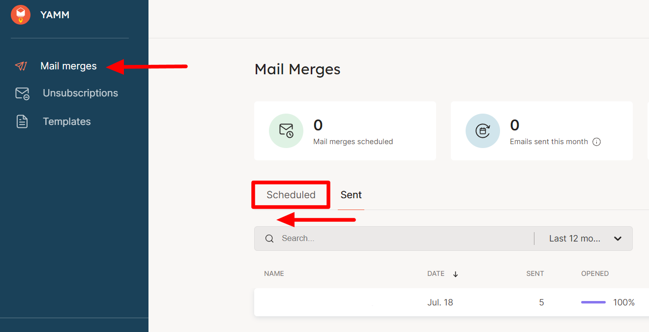 YAMM dashboard with Mail merges and the Scheduled tab indicated.