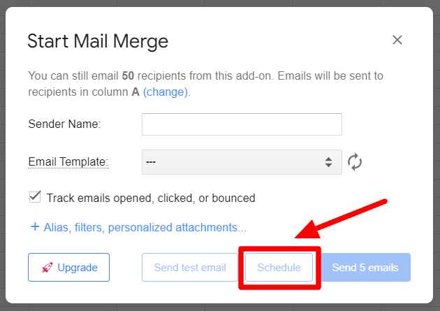 YAMM Start Mail Merge dialog with the Schedule button highlighted.