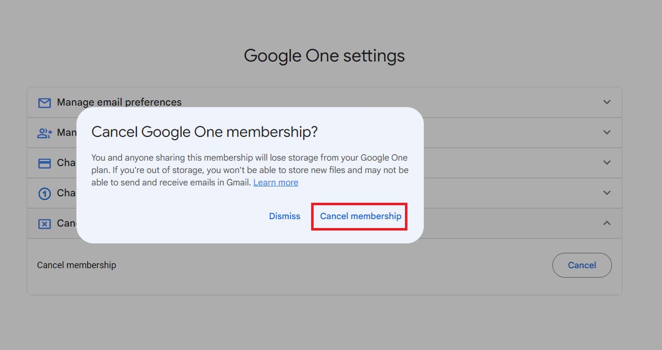 Confirmation dialog for canceling a Google One membership.