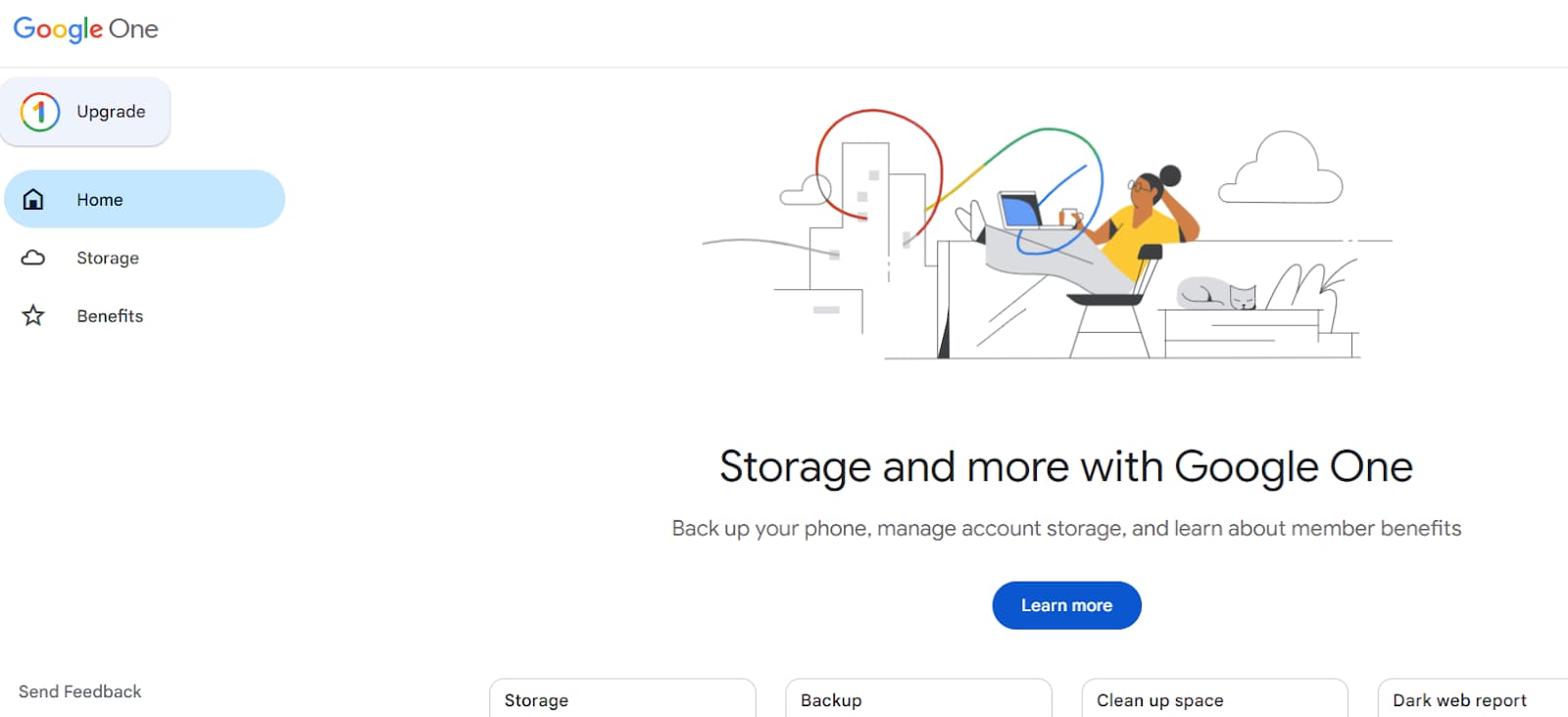 Google One home page with storage, backup, cleanup, and other account services.