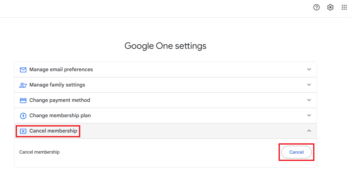 Google One settings with Cancel membership expanded and Cancel highlighted.