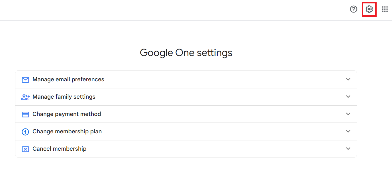 Google One settings with the settings icon highlighted.