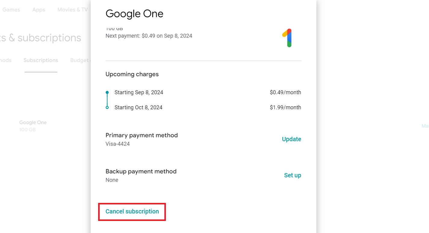 Google One subscription details with Cancel subscription highlighted.