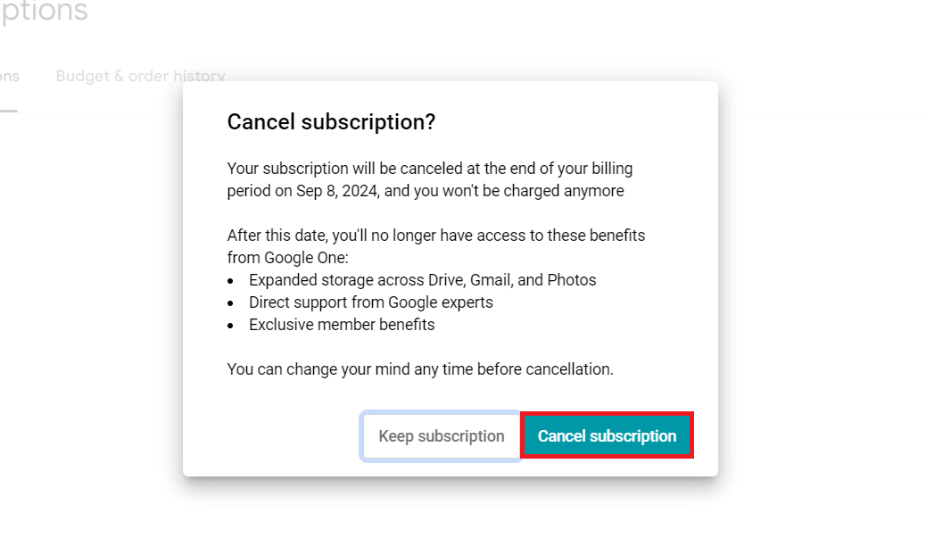 Google Play cancellation confirmation with Cancel subscription highlighted.
