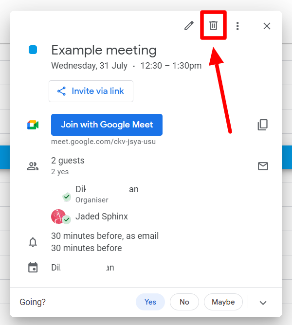 Google Calendar meeting details with the delete icon highlighted.