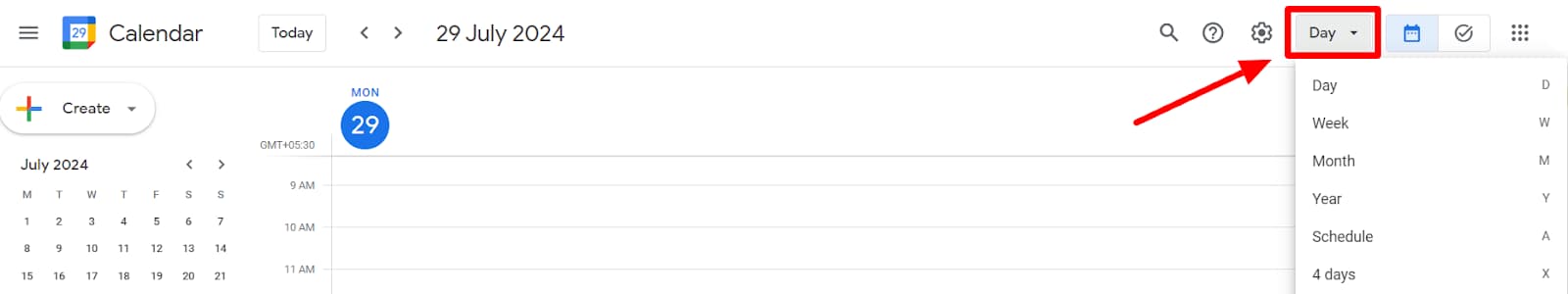 Google Calendar view menu showing Day, Week, Month and other choices.