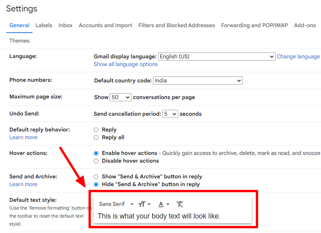 Default text style setting with font, size, color, and formatting controls highlighted.