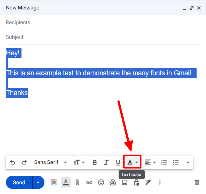 Gmail draft with selected text and the text-color control highlighted.