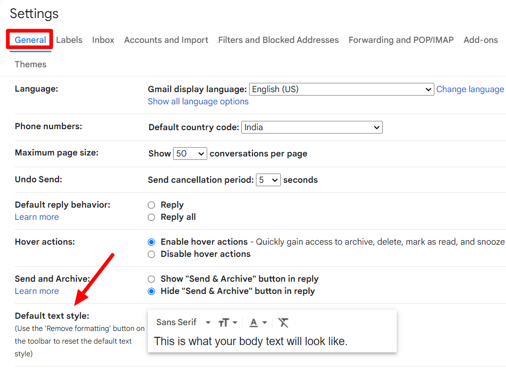 Gmail General settings with an arrow pointing to Default text style.