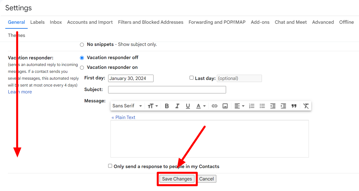 Gmail General settings with the Save Changes button highlighted.