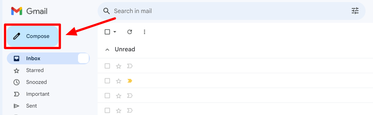 Gmail inbox with the Compose button highlighted.