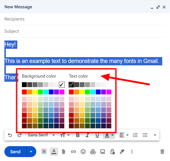 Gmail palette with background-color and text-color choices.