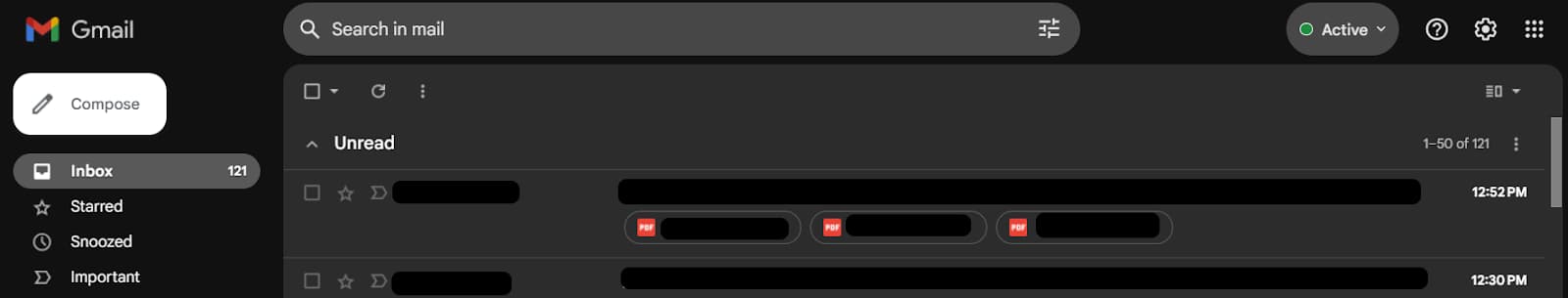 Gmail inbox displayed with a dark theme.