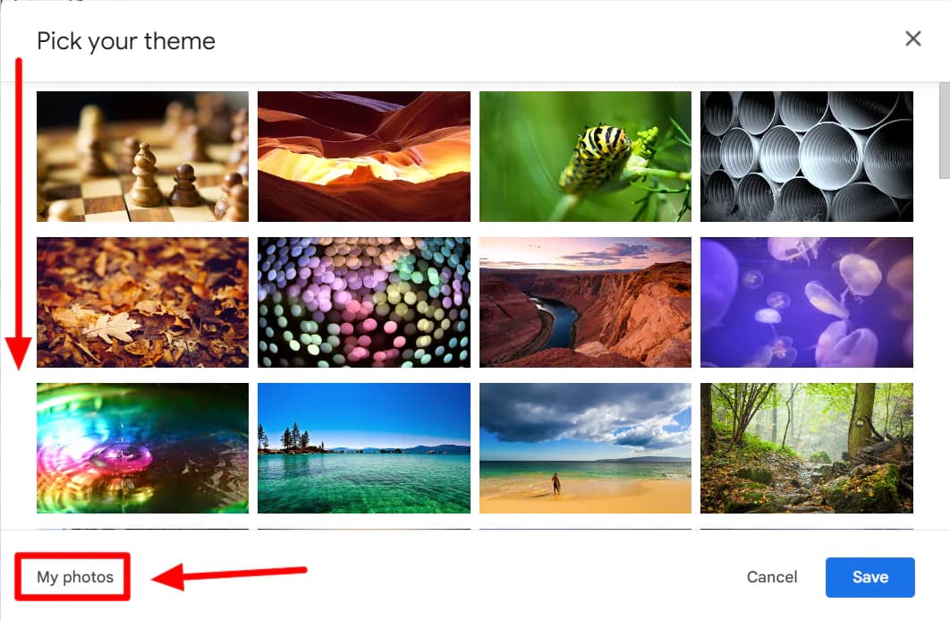 Gmail theme gallery with the My photos button highlighted.