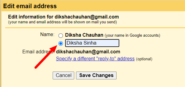 Edit email address dialog with a custom sender name selected.