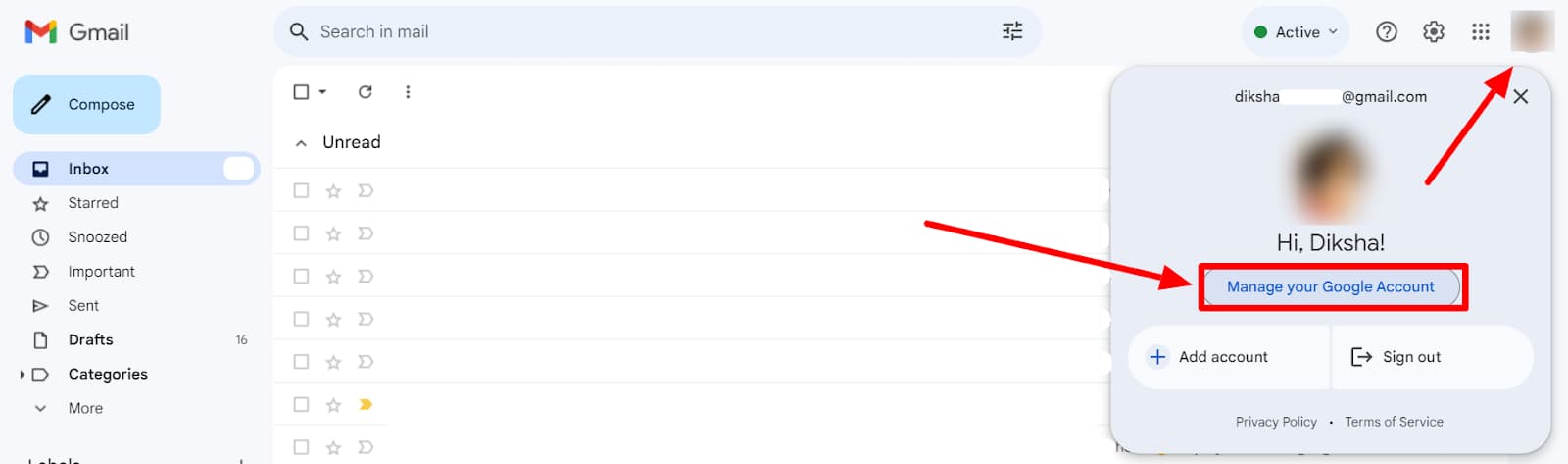 Gmail's account menu with Manage your Google Account highlighted.