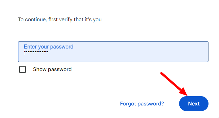 Google asks for the current password to verify identity before continuing.