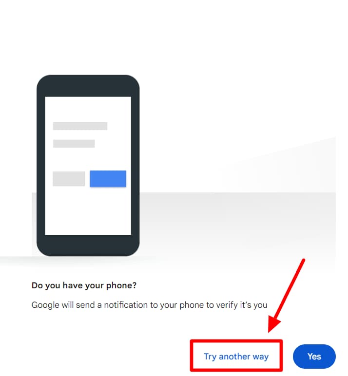 Google's phone-verification prompt with Try another way highlighted.