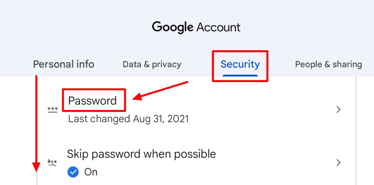 The Password option in the mobile Security tab is highlighted.