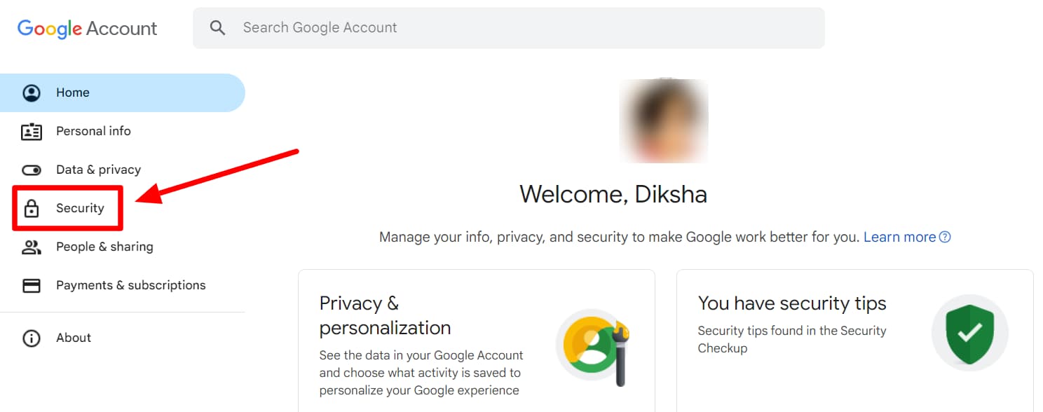 The Security section in Google Account settings is highlighted.