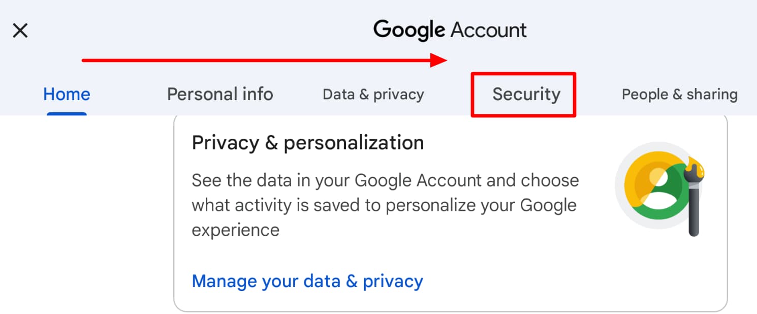 The Security tab in the mobile Google Account interface is highlighted.