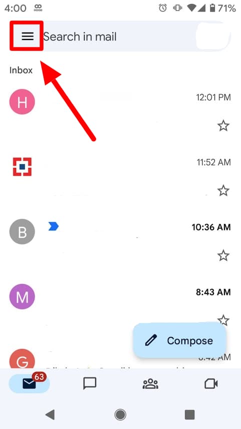 Gmail mobile inbox with the navigation menu button highlighted.