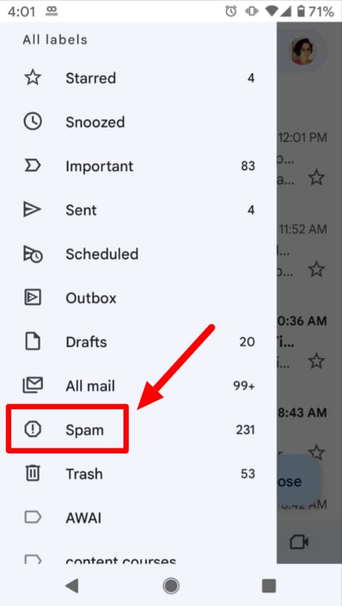 Gmail mobile navigation with the Spam folder highlighted.