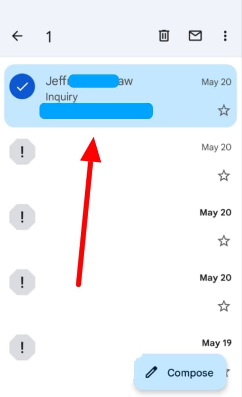 Gmail mobile Spam folder with a message selected.