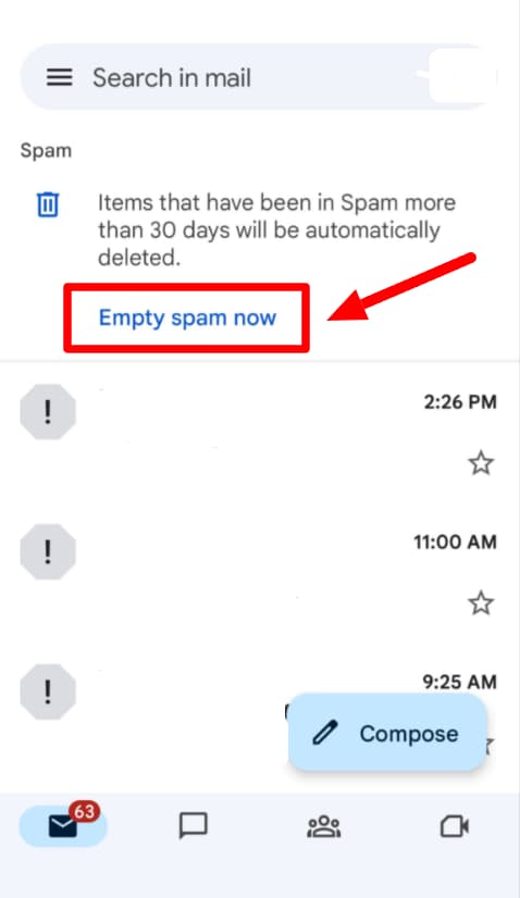 Gmail mobile Spam folder with Empty spam now highlighted.