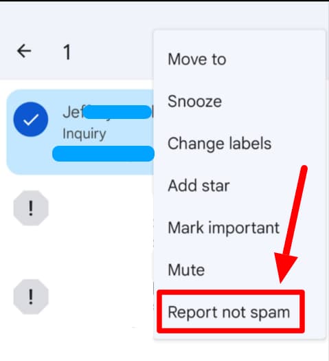 Selected spam message menu with Report not spam highlighted.