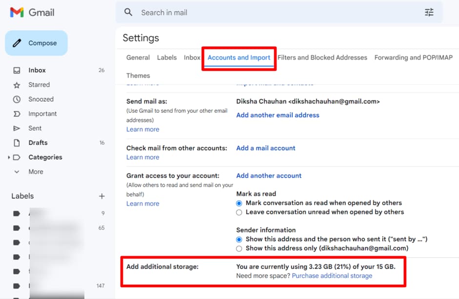 Gmail Accounts and Import settings showing 3.23 GB of 15 GB used.