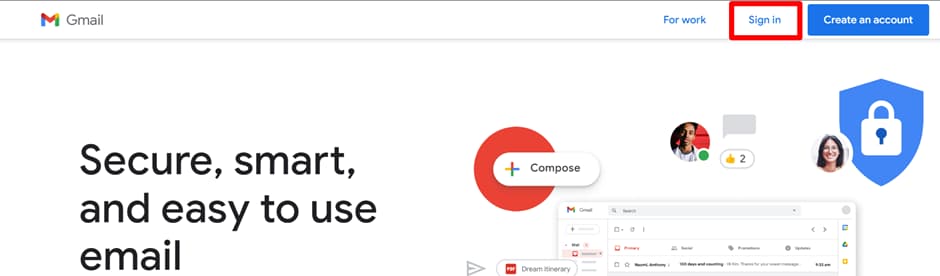 Gmail homepage with the Sign in link highlighted.