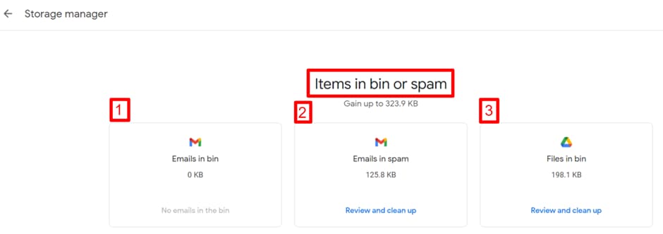 Google One Storage manager showing emails in bin, emails in spam and files in bin.