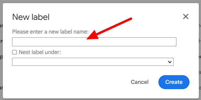 Gmail New label dialog with the name field highlighted.