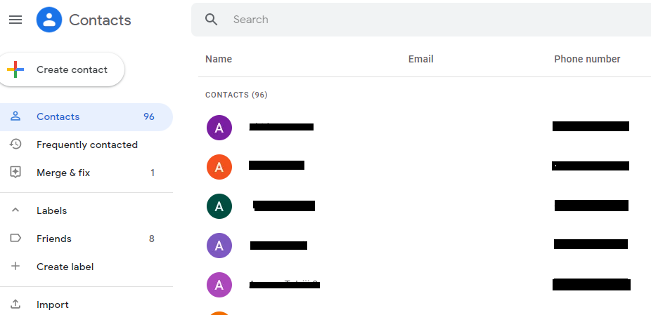 Google Contacts list with names and contact details obscured.