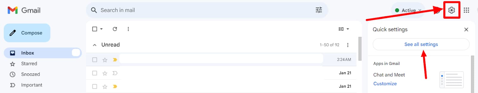 Gmail settings gear and See all settings button indicated.
