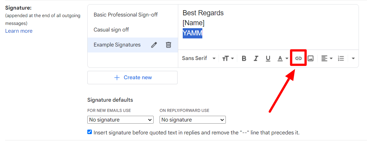 Gmail signature editor with selected text and the Insert link button highlighted.
