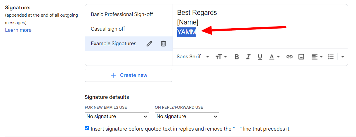 Gmail signature editor with the text YAMM selected.