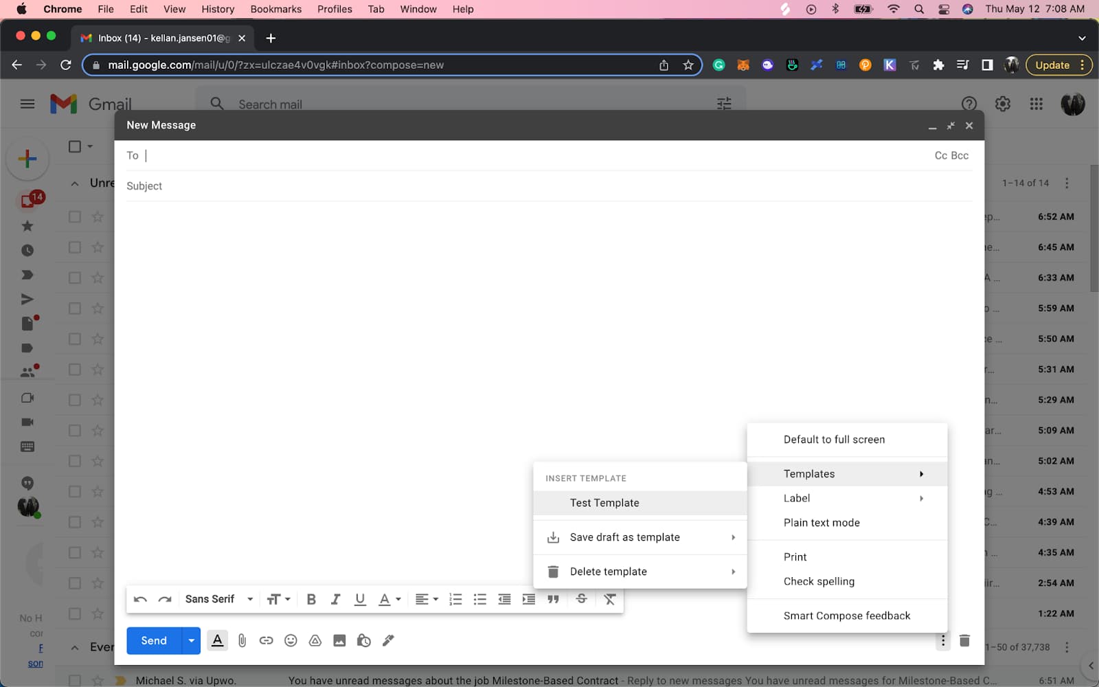 Gmail compose menu with a saved Test Template available to insert