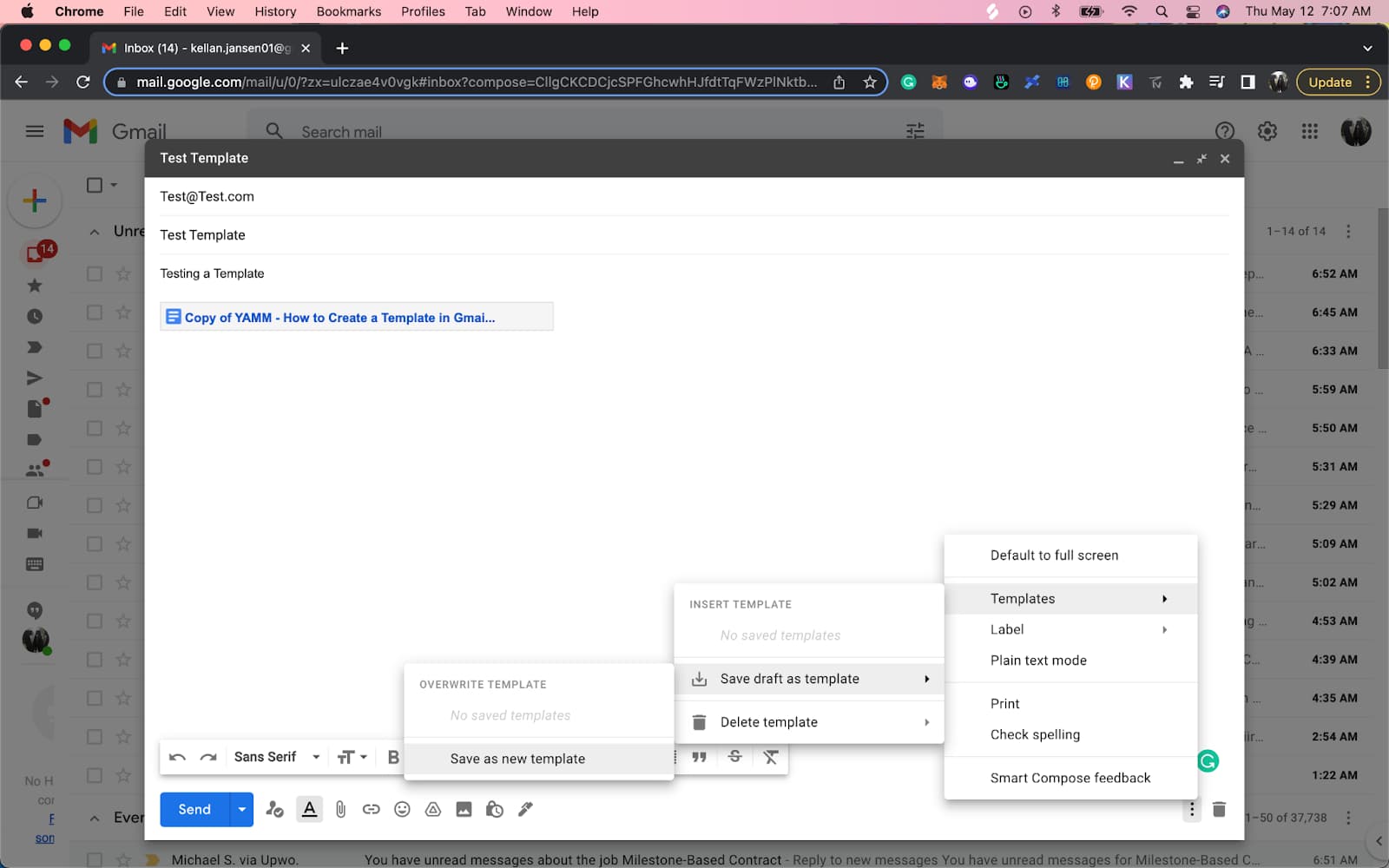 Gmail draft with a Drive document link and Save as new template menu option